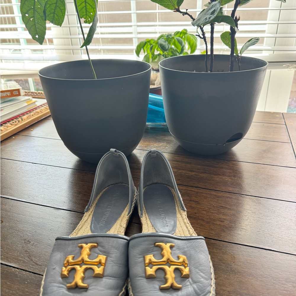 Gray Espadrille Flats with Gold Logo